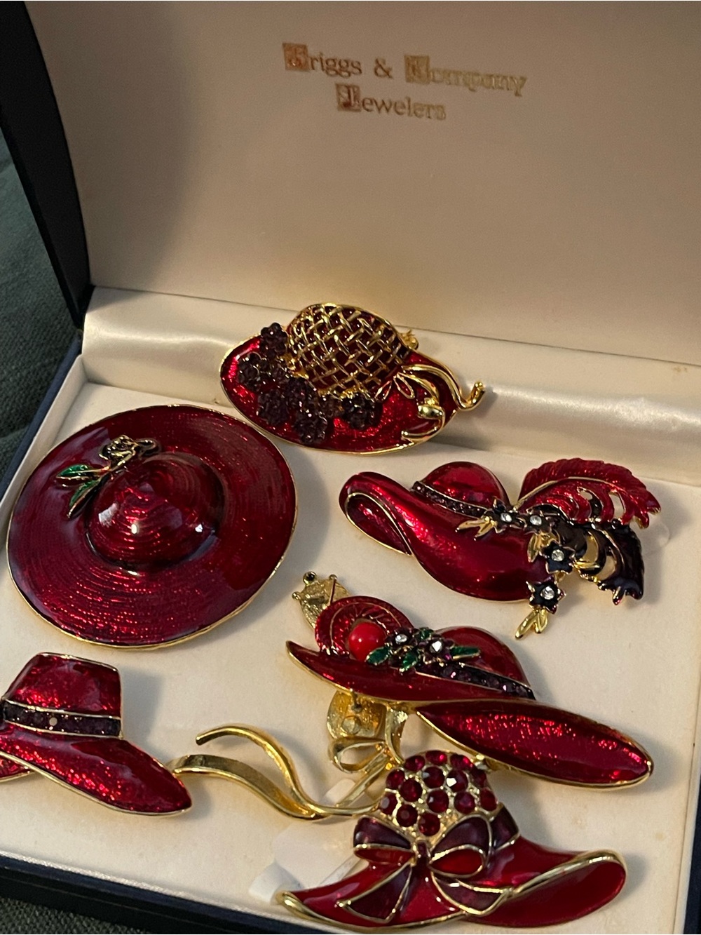 6 Red Enamel Hat Brooch Collection